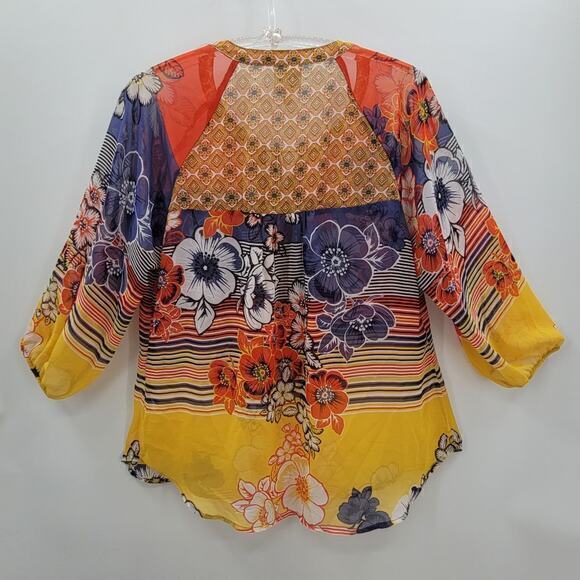 HPAnthropologie Floral Stripe Sheer Long Sleeve Henley Tie Front Blouse - Picture 3 of 13